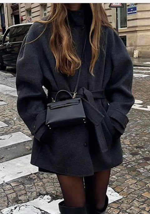 Womens Wool Coat With Belt Mock Neck And Solid Color