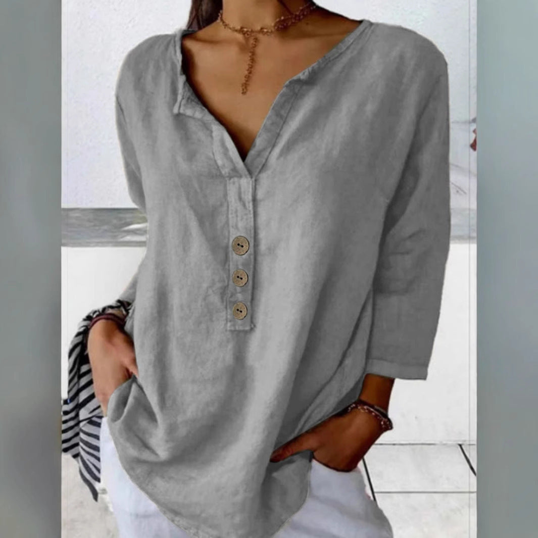 Solid Color Notched Collar Shirt Casual Button Shirt
