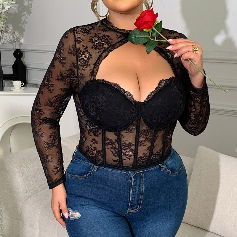 Lace Mesh Patchwork Lace Sexy Cutout See-through Fishbone Steel Ring Top
