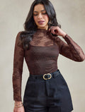 Womens Lace Base Top Tight-Fitting Long-Sleeve Mesh Top