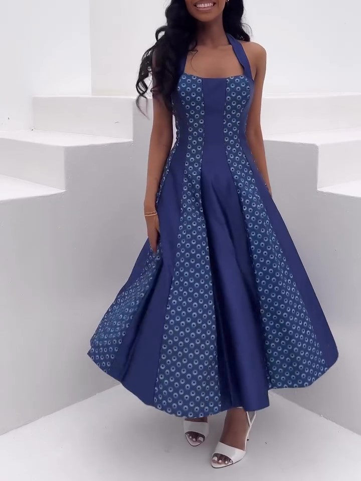 Royal Blue Geometric Print Halter Neck Waist-Cinching Flared Midi Dress