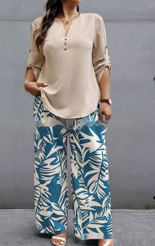 Ladies V-neck Shirt Tropical Plants Printed Pants Suit