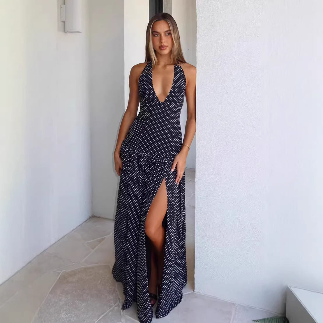 Split-waist Polka-dot Backless V-neck Dress