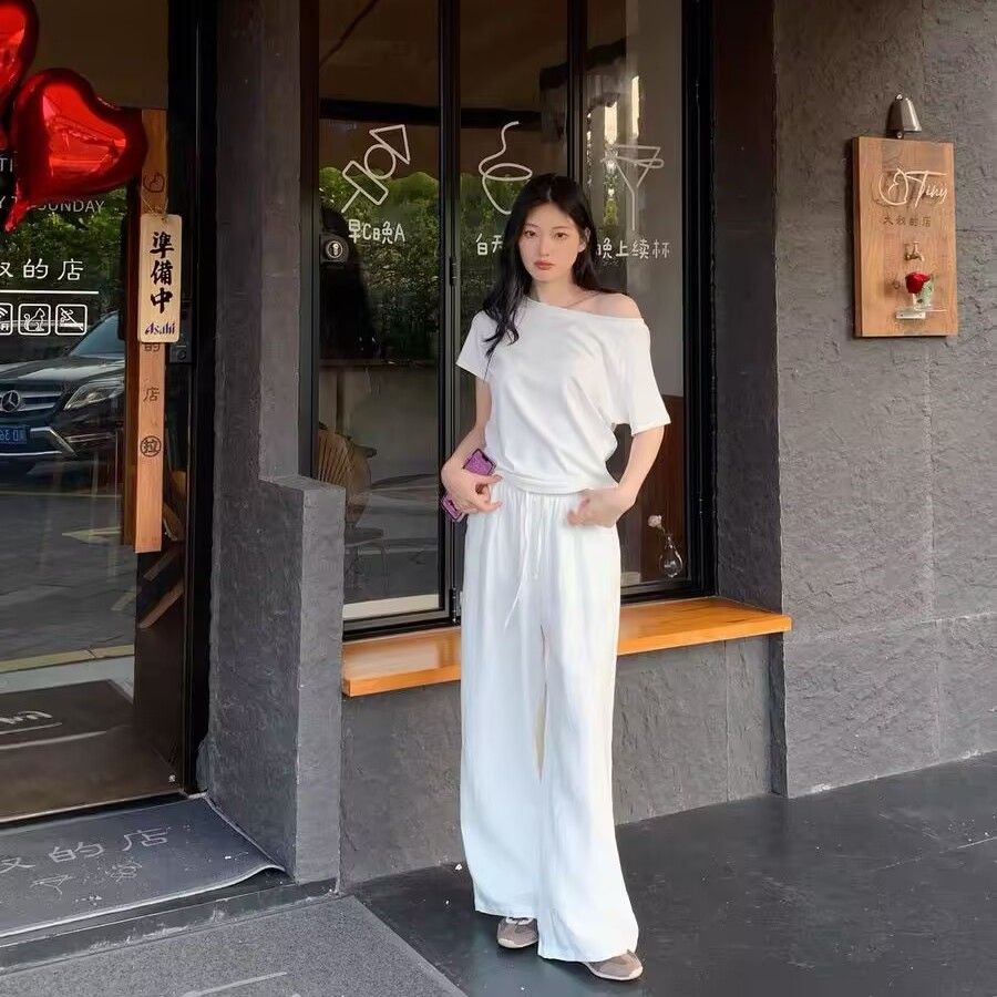 White Drawstring Wide-leg Pants