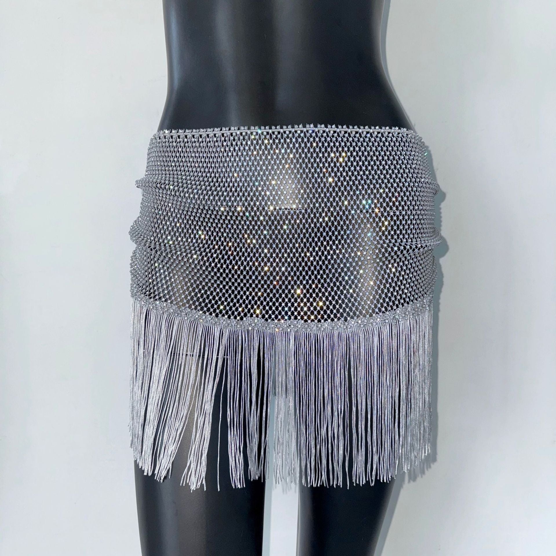 Half-length Tassel Stitching Fishnet Rhinestone Elastic Skirt