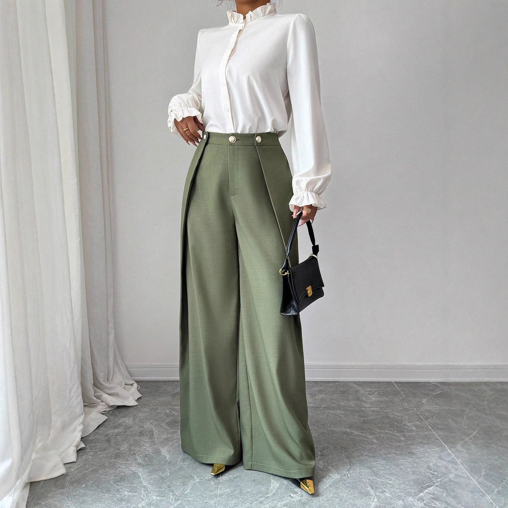 Elegant Pleated-texture Casual Pants With Buttons