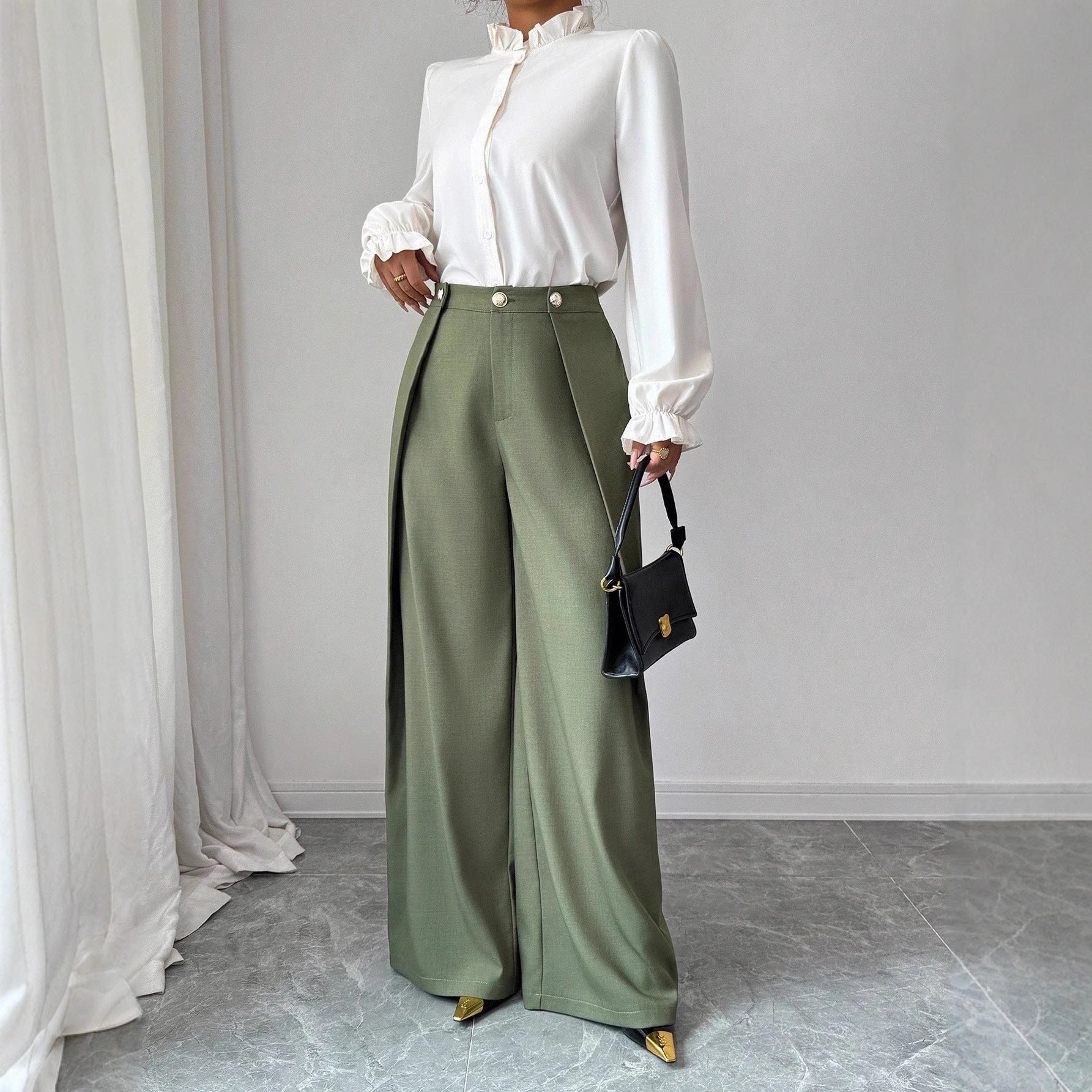 Elegant Pleated-texture Casual Pants With Buttons