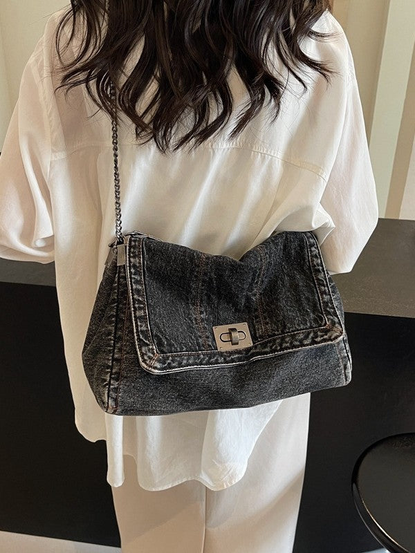 Versatile Denim Tote For Women  Chic Crossbody Bag With Chain Strap, Spacious Casual And Work Purse