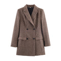 Womens Mid-Length Double-Breasted Houndstooth Blazer