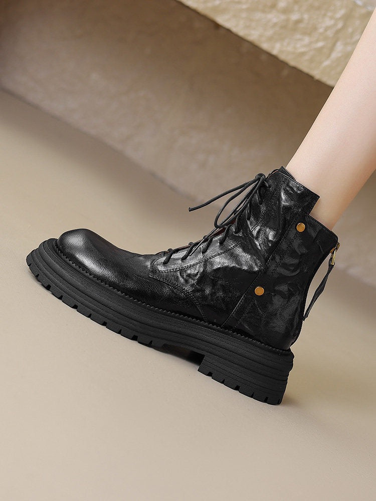 Chunky-Soled Lace-Up Ankle Boots