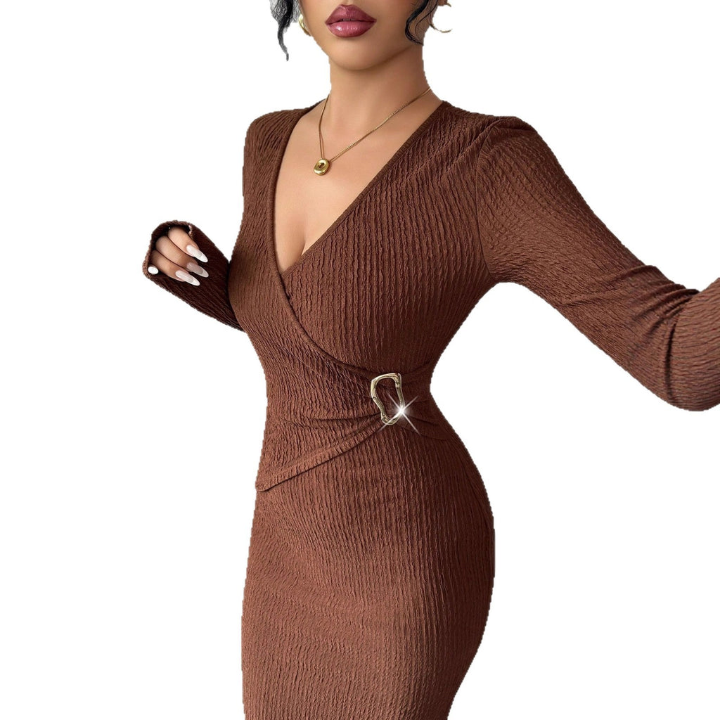 Cross-collar Knit Texture Slim-fit Slimming Dress