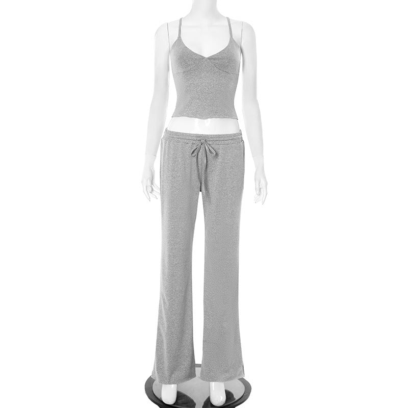 V-neck Elastic Waist Wide Leg Pants Casual Suit