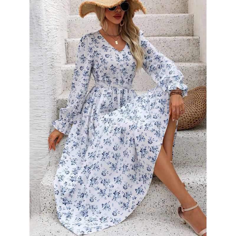 European And American Fall Women's Clothing Printed V-neck Long Sleeve Big Hem Fashion All-matching Dress