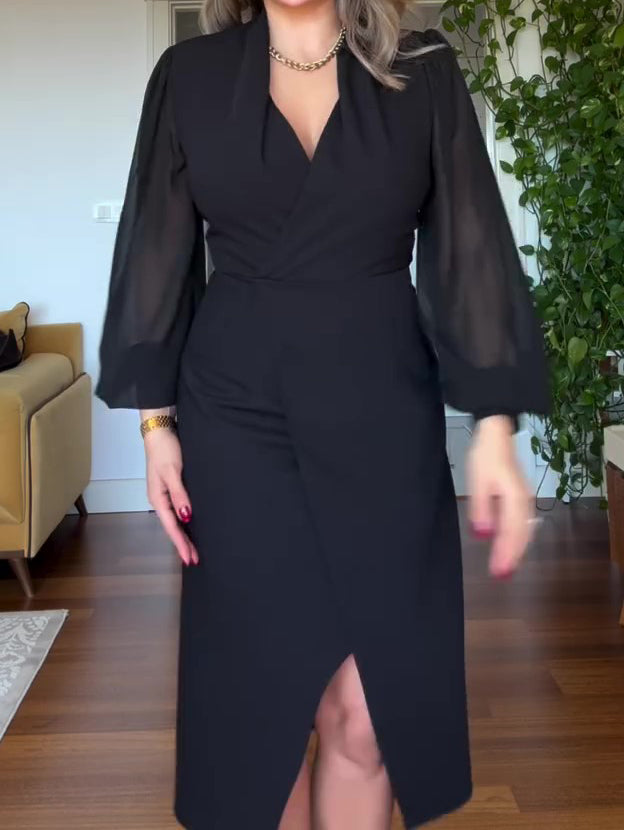 Black V-Neck Chiffon Lantern Sleeve Waist-Cinched Split Midi Dress