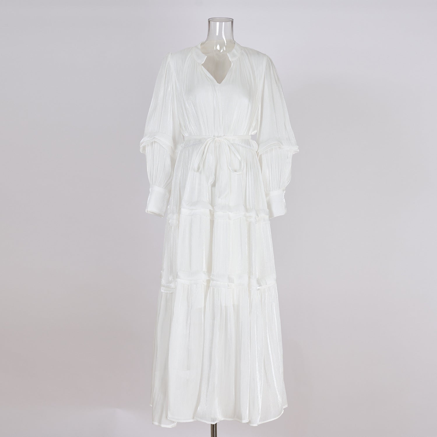 V-neck Lantern Sleeve Fitted Waist Pleated Long Silk Dress