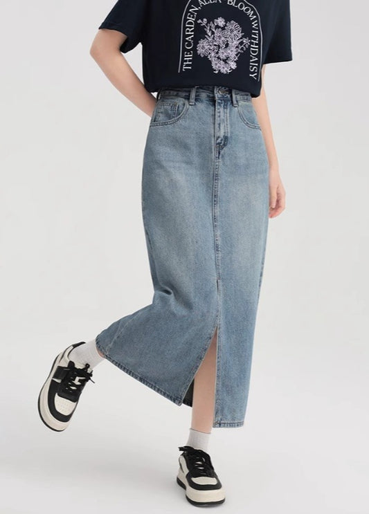 Tencel Denim Skirt Women's Thin Waist High Loose Slit Ice Silk A-line Medium Length Hip Skirt