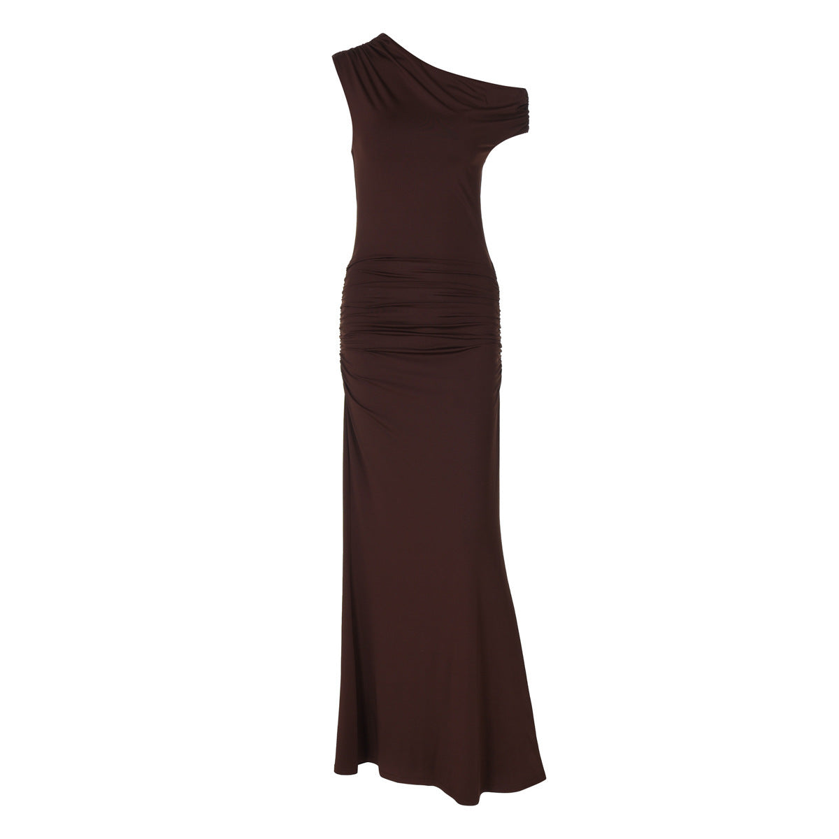 Fashion Pleated Waist Tight Slimming And Shoulder Hollow Sexy Solid Color Dress