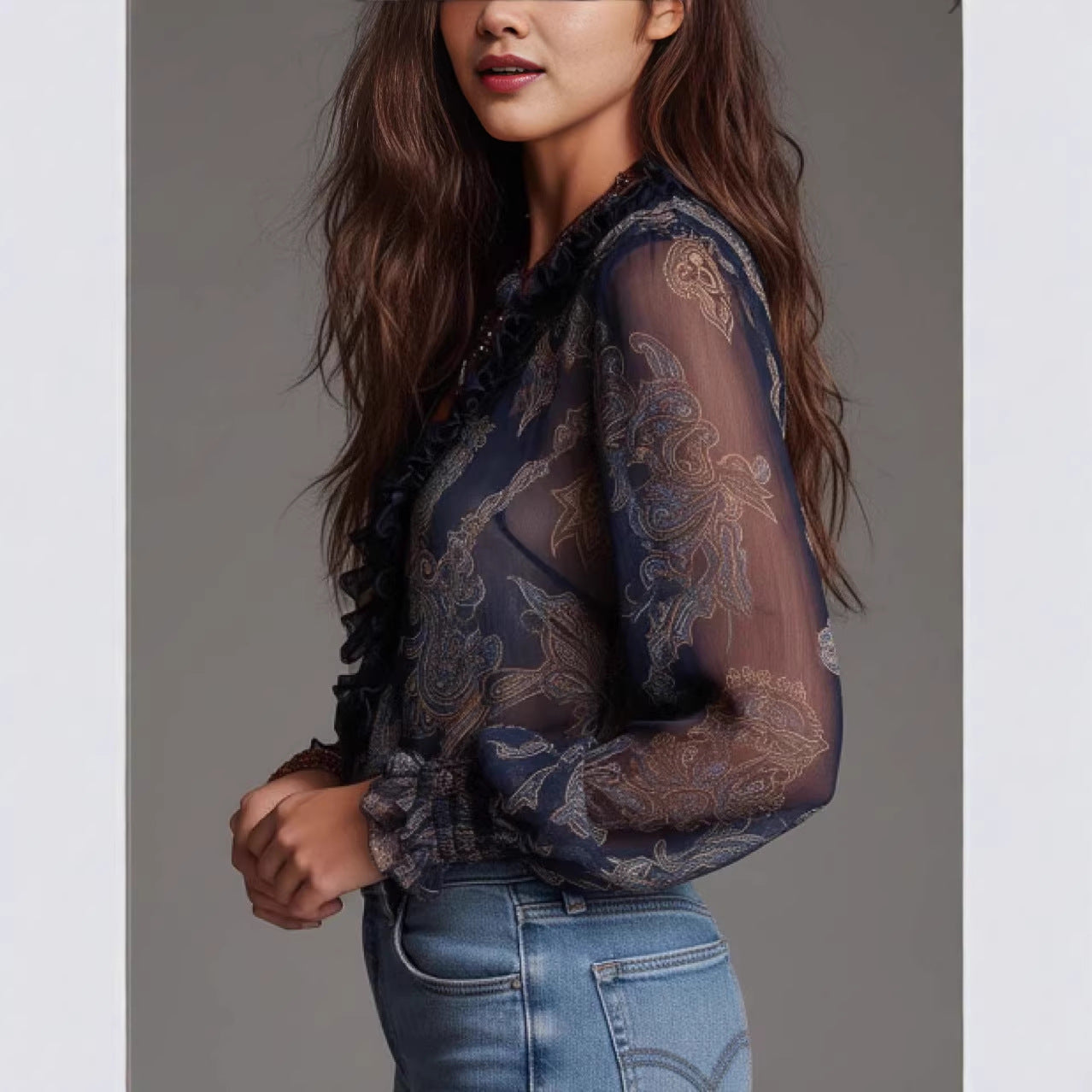 Deep V-neck Paisley Ruffle Chiffon Blouse