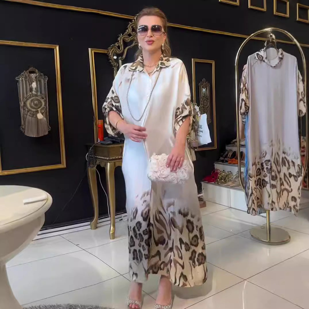Positioning Printed Long Sleeve High Waist Temperament Vintage Robe Dress