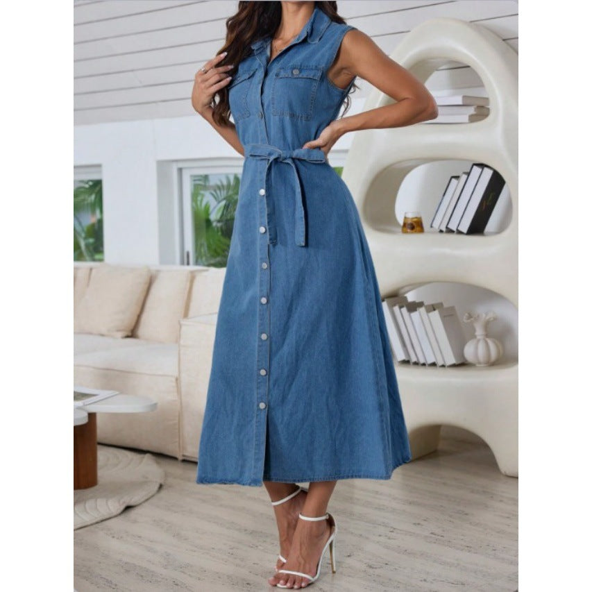 Denim Dress With Belt And Front Buttons