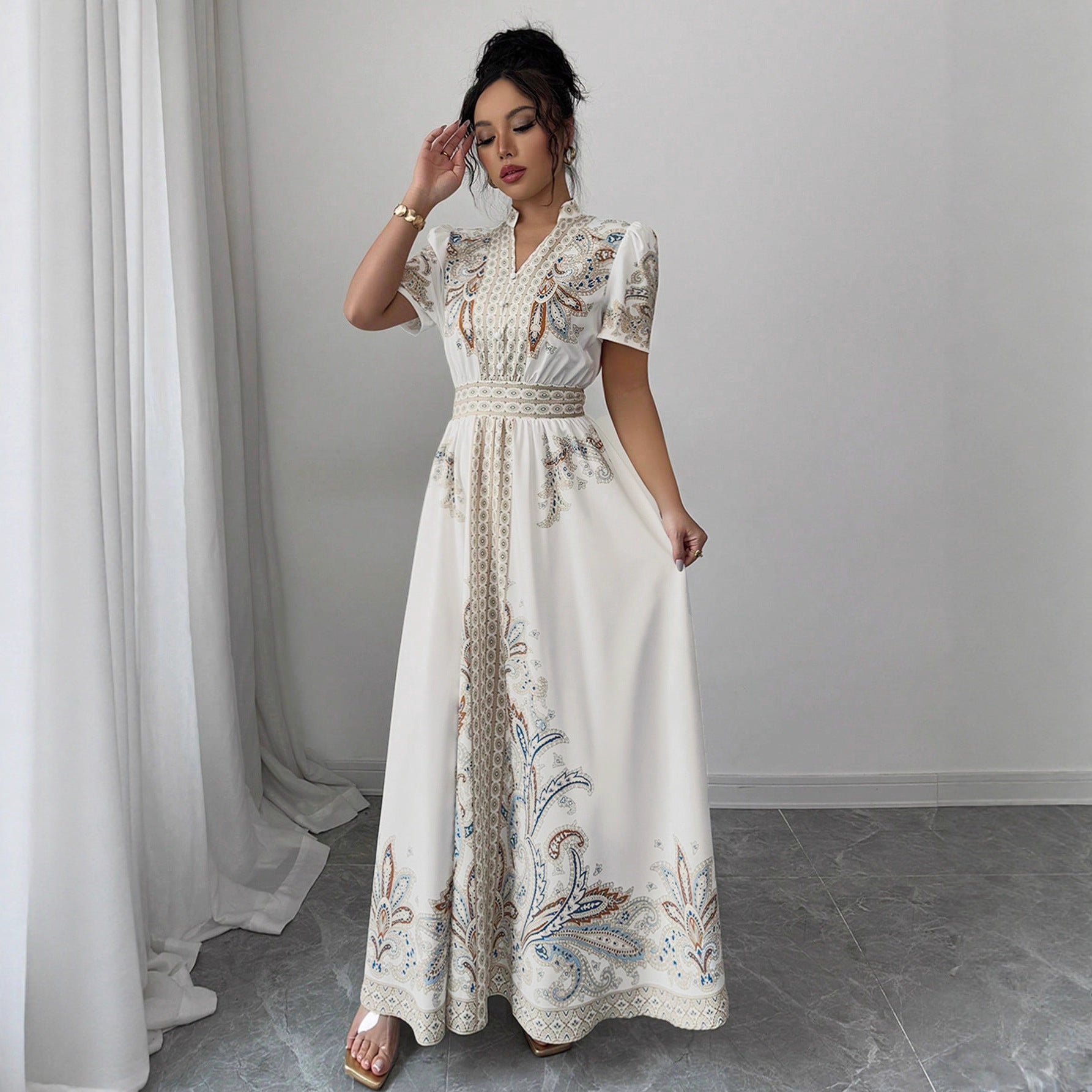 Paisley-patterned, High-waisted, Stand-collar Lace-trimmed, Draping Maxi Dress