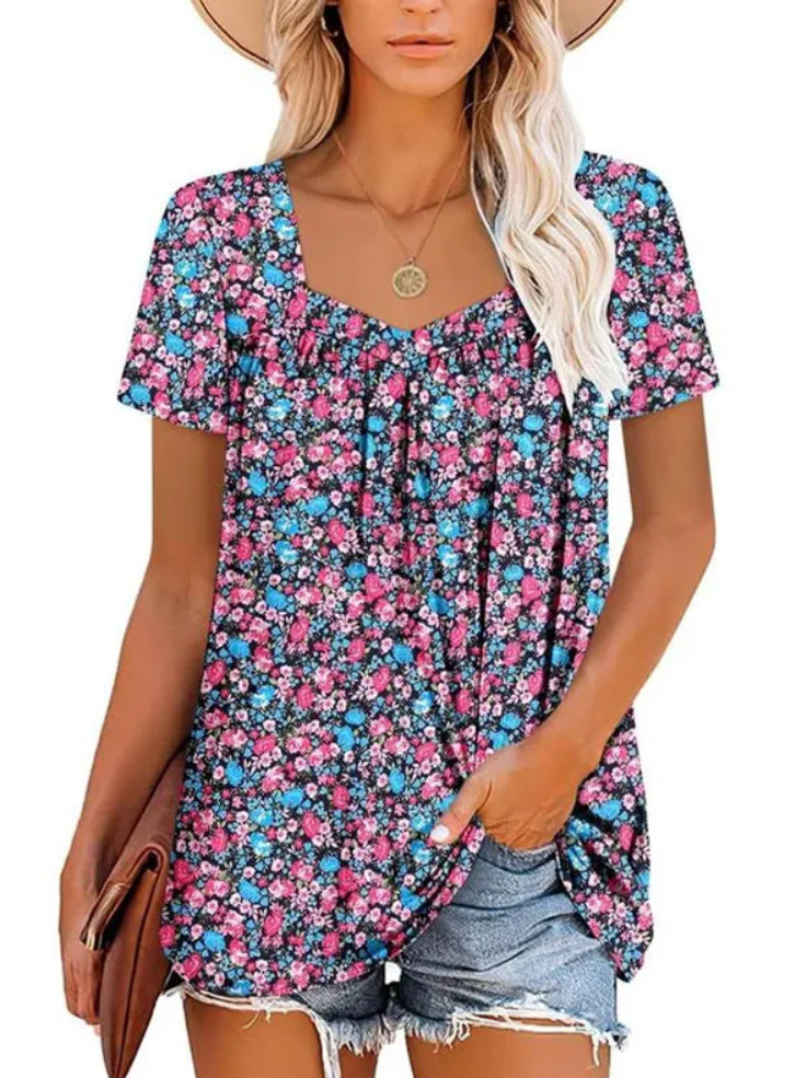 Women's Clothing Square Collar Short Sleeve Printed Loose T-shirt