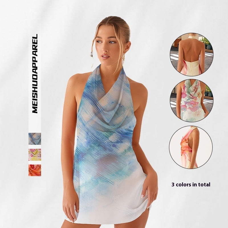Versatile Leisure Printed Halter Backless Female Dress