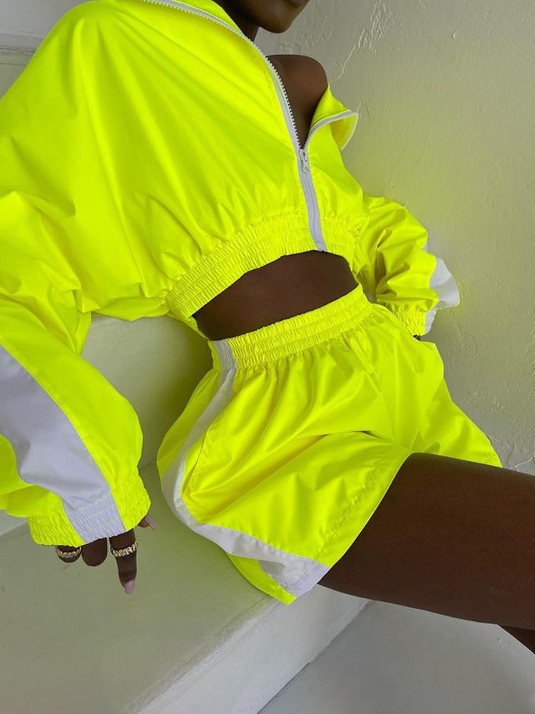 Women's Long-sleeved Zipper Sport Cardigan Coat Shorts Suit Casual