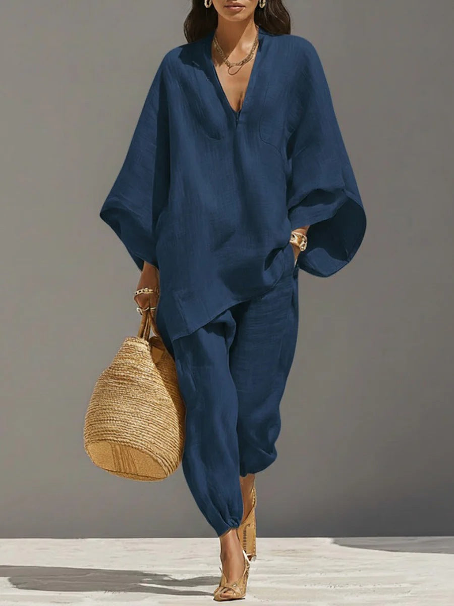 Casual Relaxed Loose-Fitting Solid-Color Shirt Set