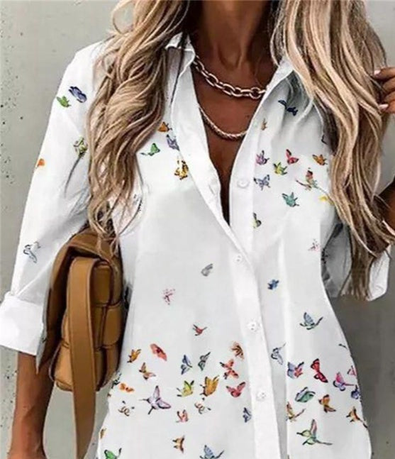 Spring And Summer New Fashionable Printed Collar Long Sleeved Shirt For Women