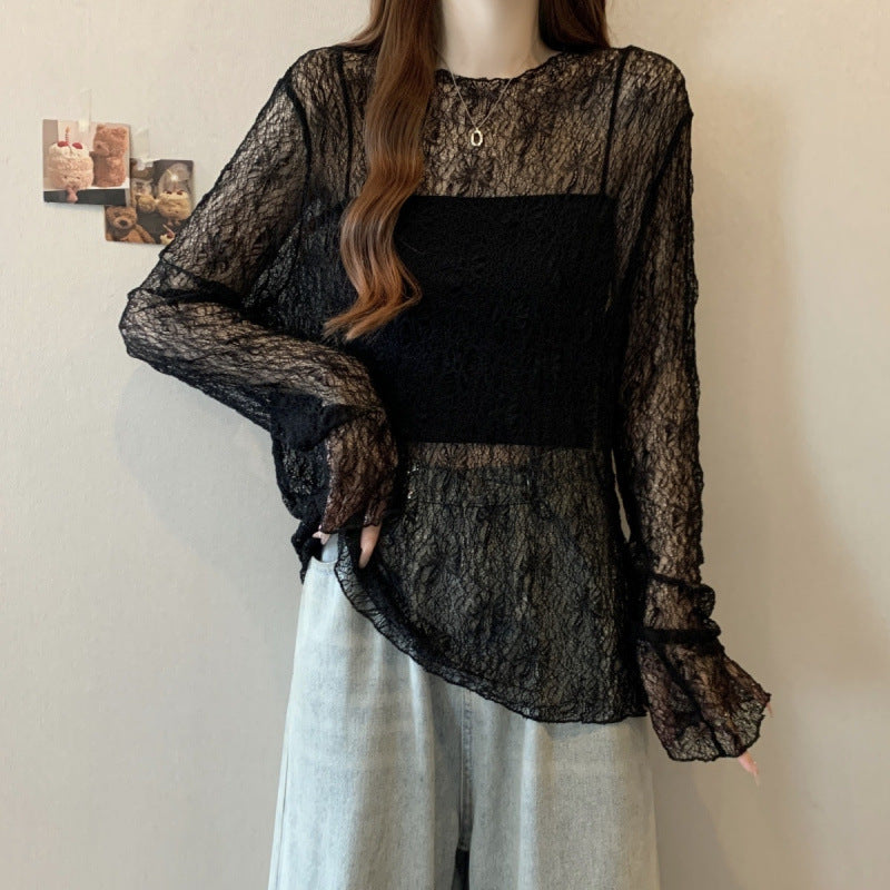 Black Thin Slightly Sheer Lace Long Sleeve T-shirt