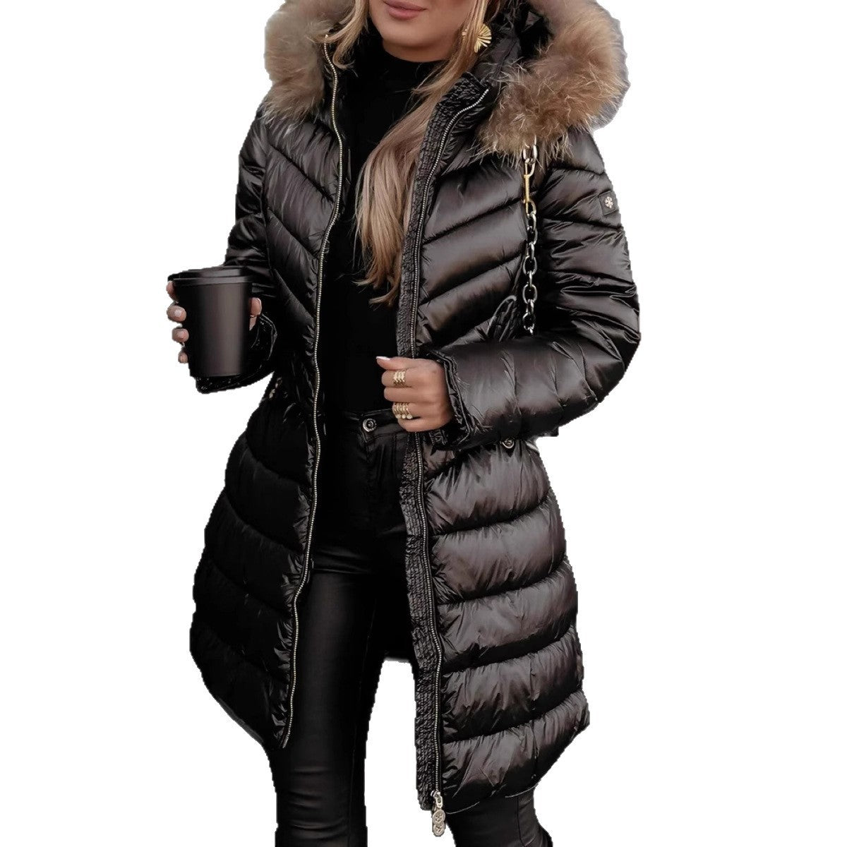 Mid-length Large Fur Collar Fashionable Slim-fit Cotton Coat Winter Jacket