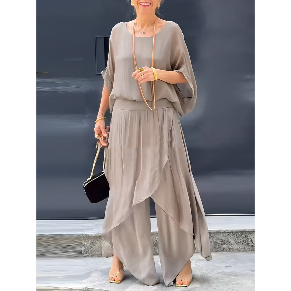 Top Split Wide Leg Pants Chiffon Casual Suit