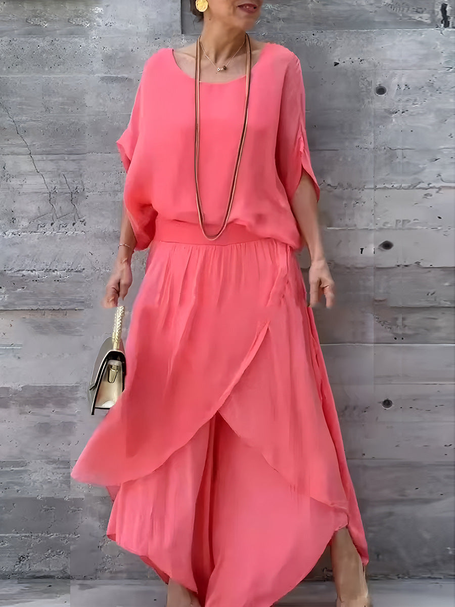 Top Split Wide Leg Pants Chiffon Casual Suit