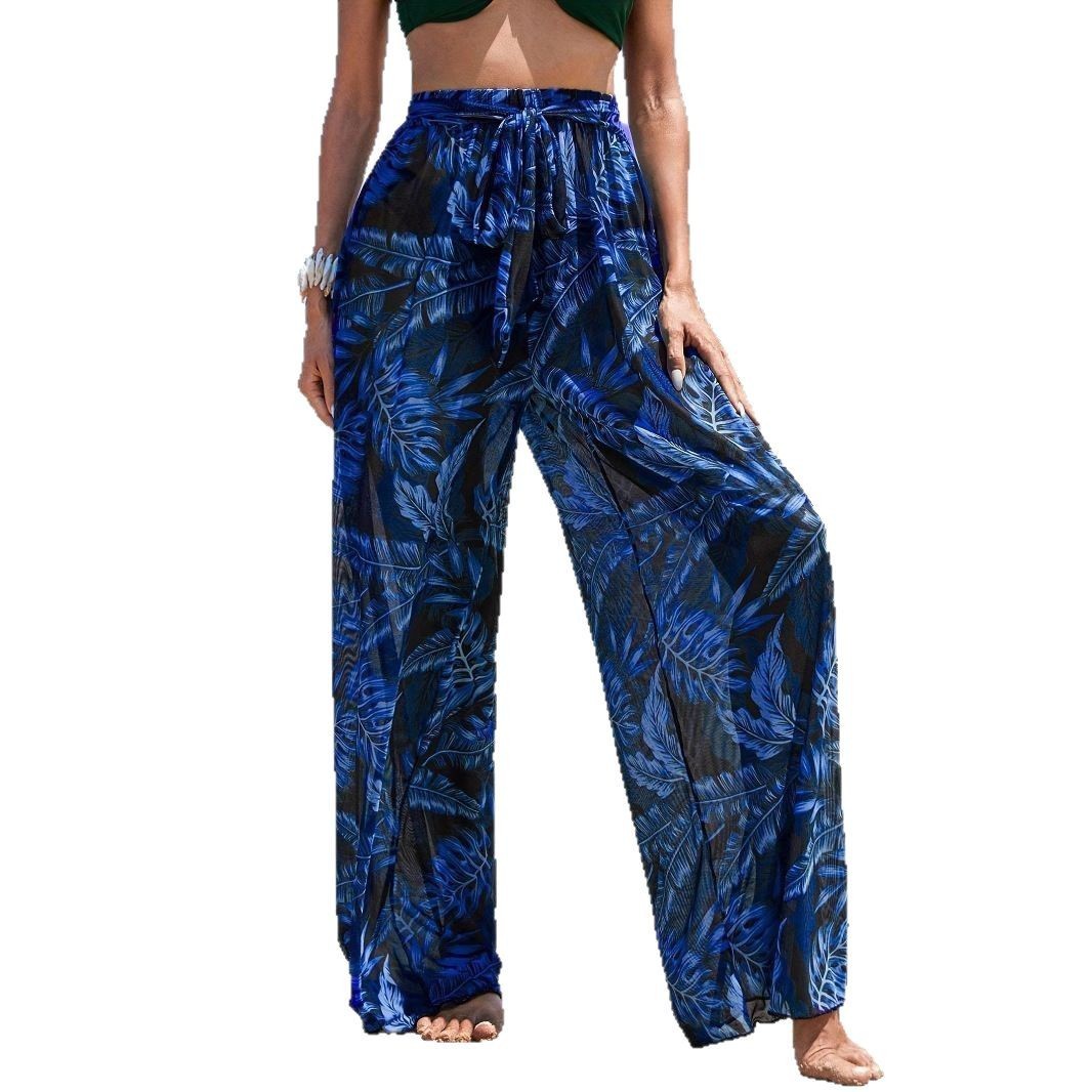 Straight-leg Pants Leaves Printed Elastic Waist Mesh Quick-drying Trousers