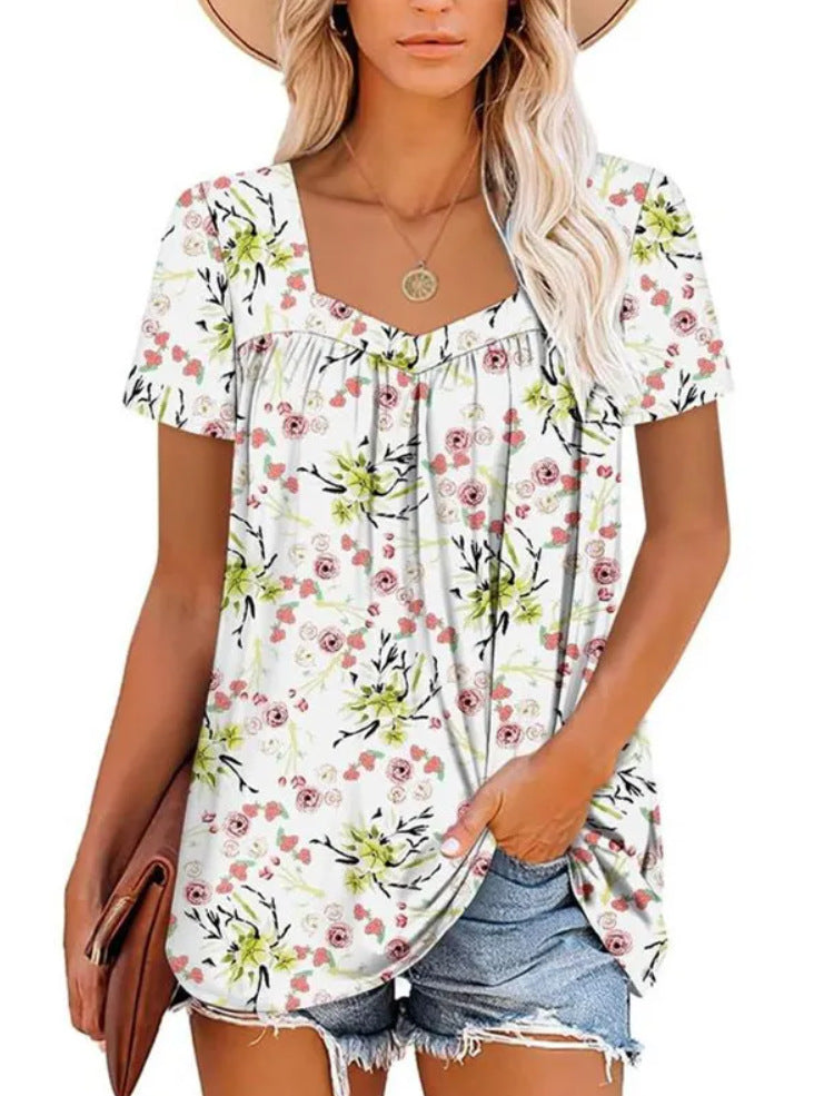 Women's Clothing Square Collar Short Sleeve Printed Loose T-shirt