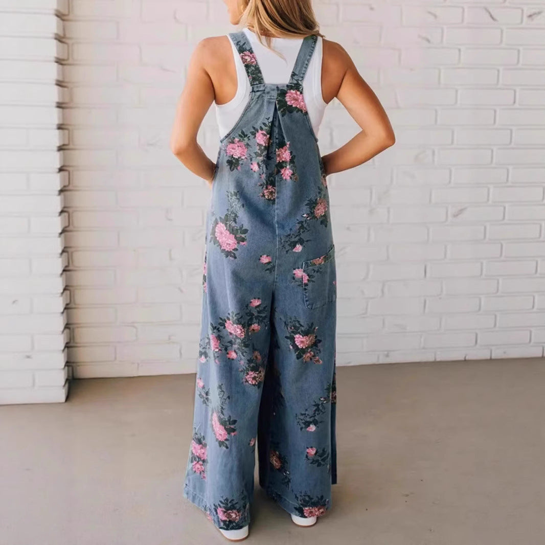 Fashion Denim Floral Print Sleeveless Strap Jumpsuit