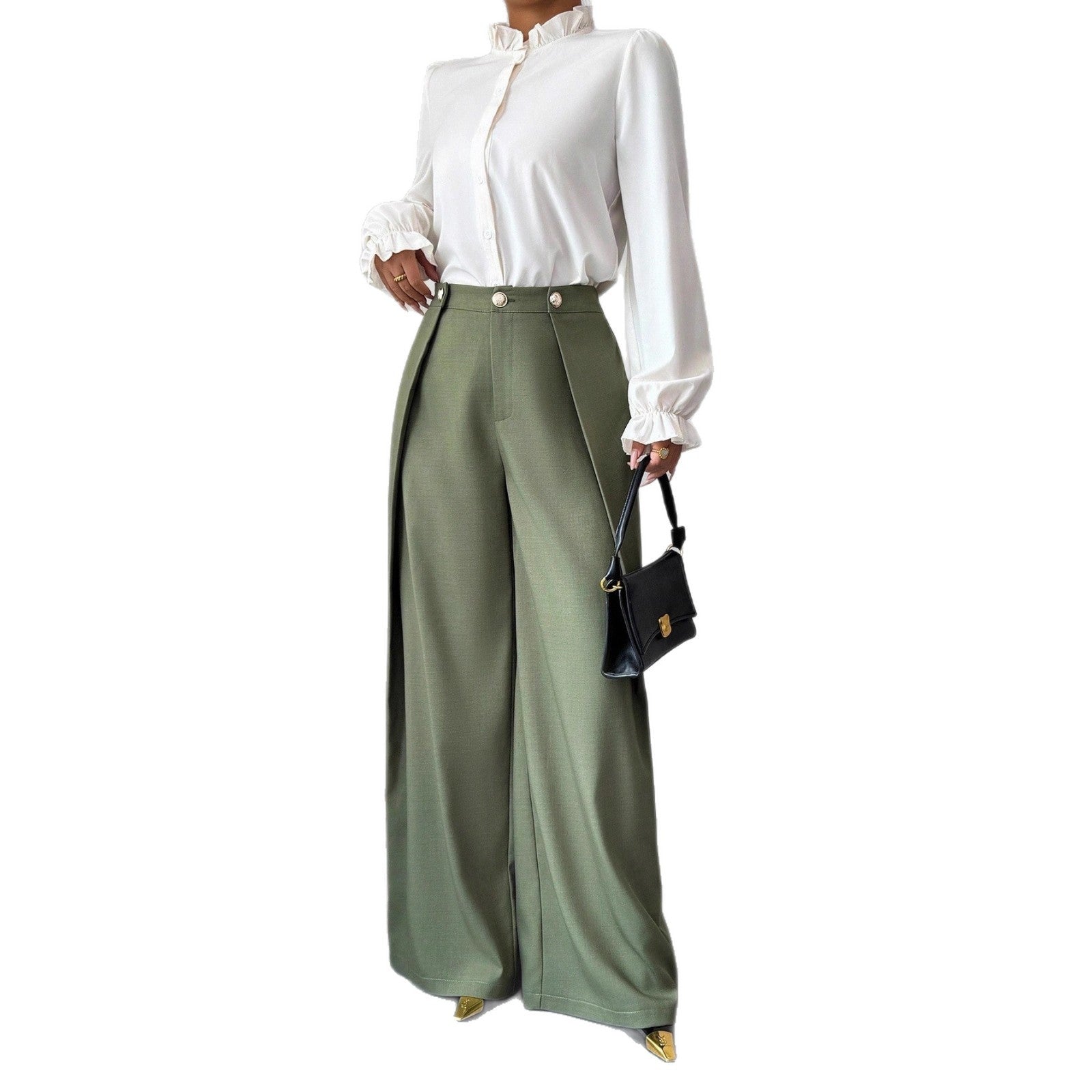 Elegant Pleated-texture Casual Pants With Buttons