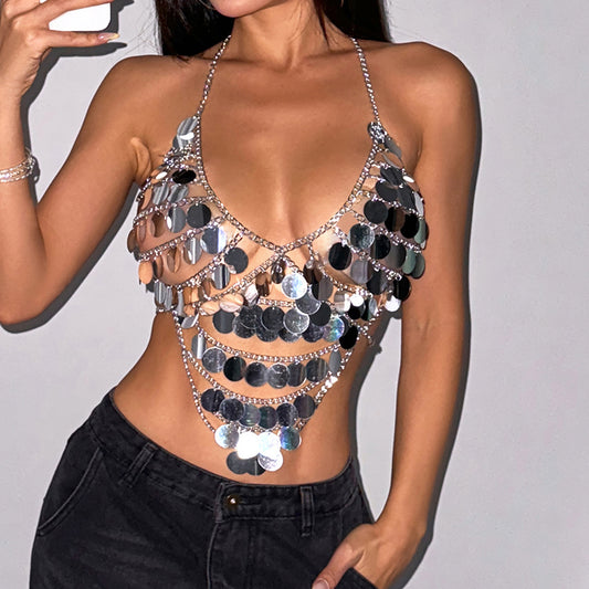 Women's Fishnet Sequin Stitching Halterneck Vest