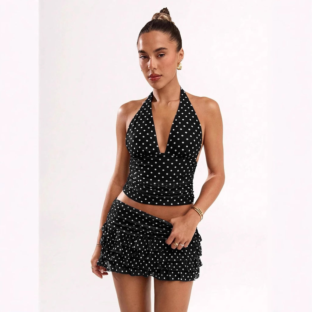 Polka-dot Printed Halterneck Vest And Ruffled Hem Mini Skirt Set