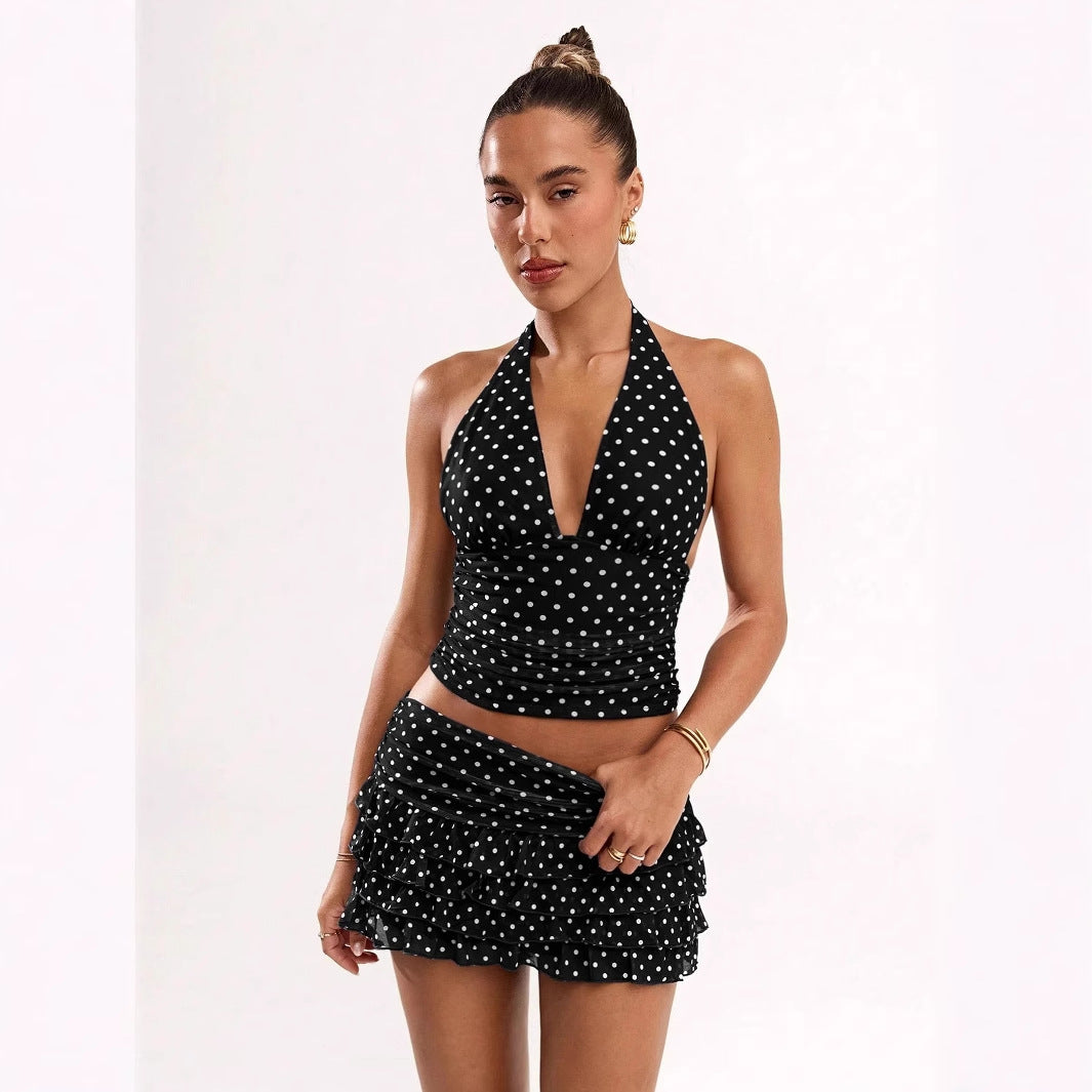 Polka-dot Printed Halterneck Vest And Ruffled Hem Mini Skirt Set