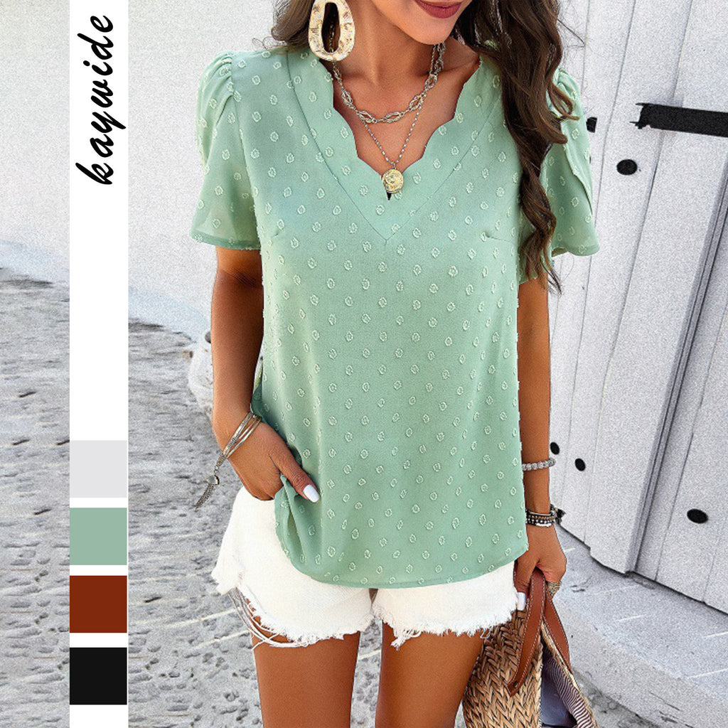 Spring And Summer Leisure Solid Color And V-neck Short Sleeve Top