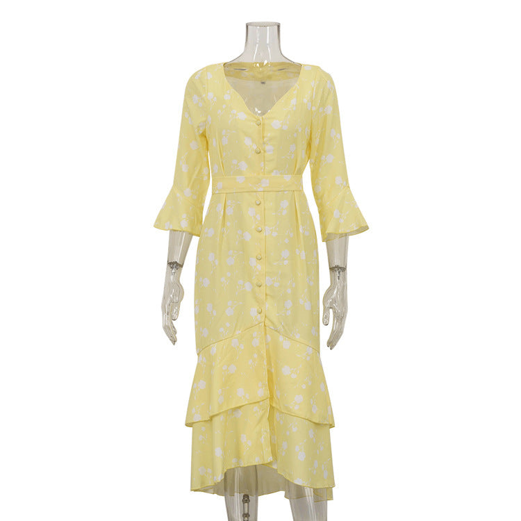 Asymmetric V-neck Flared Sleeves Floral Dress