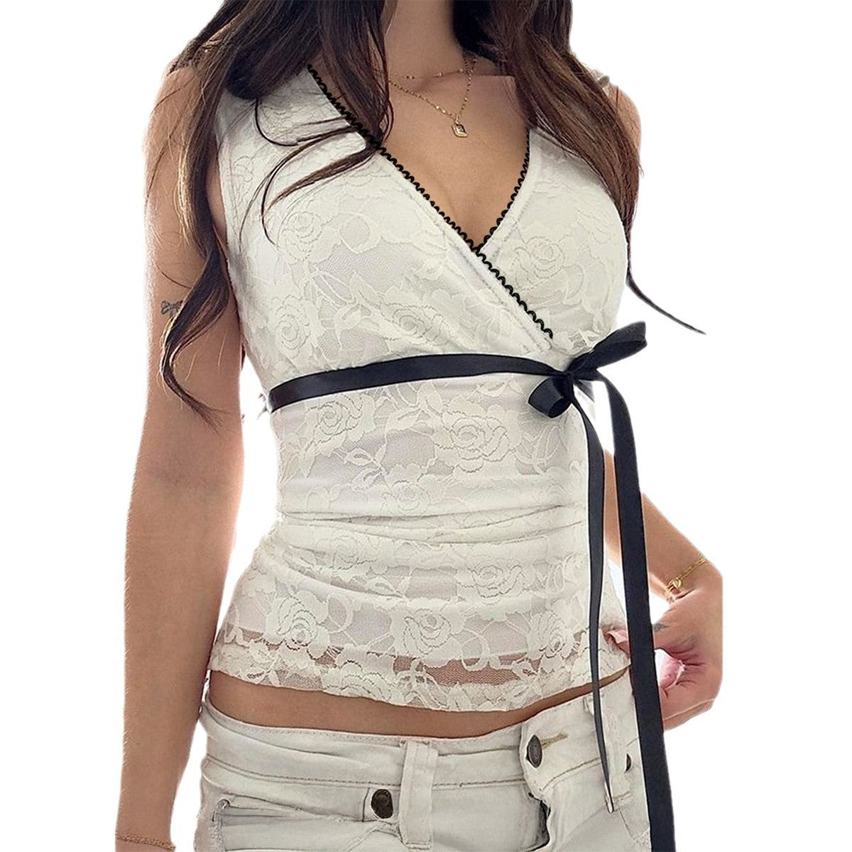 Lace-up Sexy V-neck Girl Contrast Color Slim Fit Sleeveless Short Top