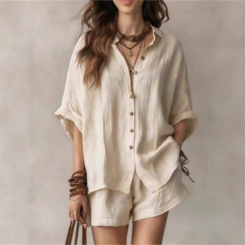 Womens Casual Two-Piece Set Shirt Shorts