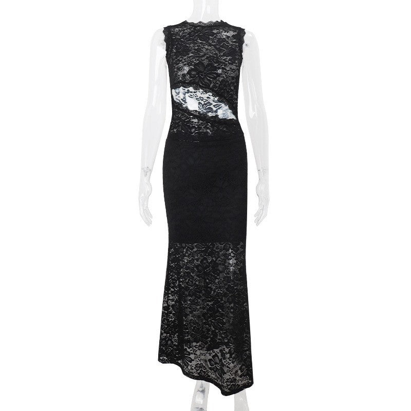 Hollow Personality Sleeveless Top Sexy Lace Sheath Skirt Suit