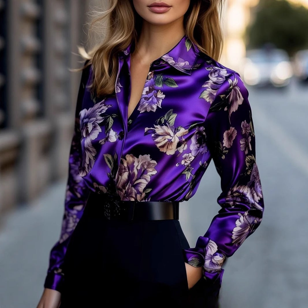 Purple Satin Floral Print Long Sleeve Shirt