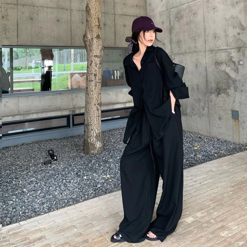 Elegant Polo Collar Shirt Top Loose Feeling Suit Female Autumn Leisure Wide-leg Pants