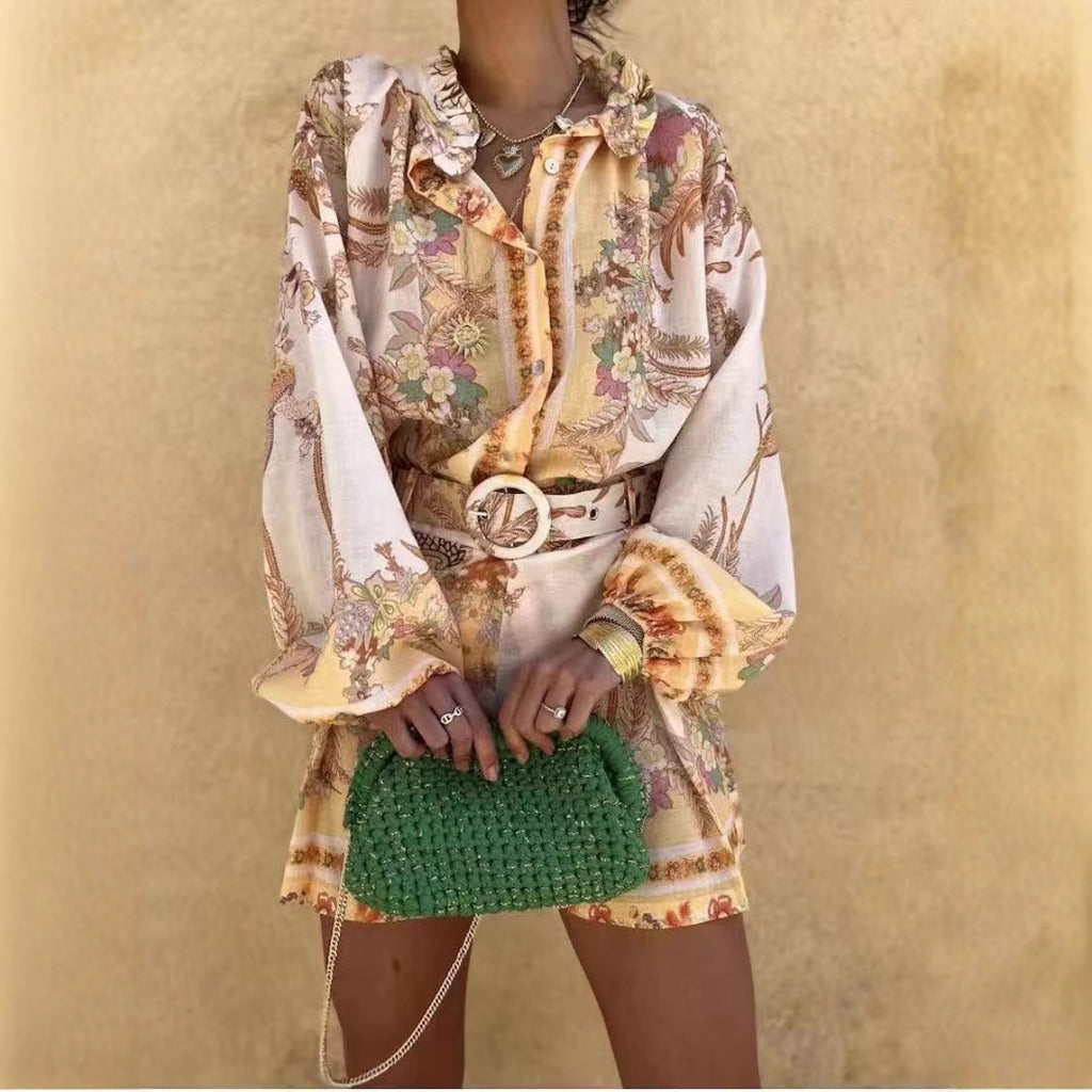Stand-up Collar Puff Sleeve Single-placket Printed Shorts Suit