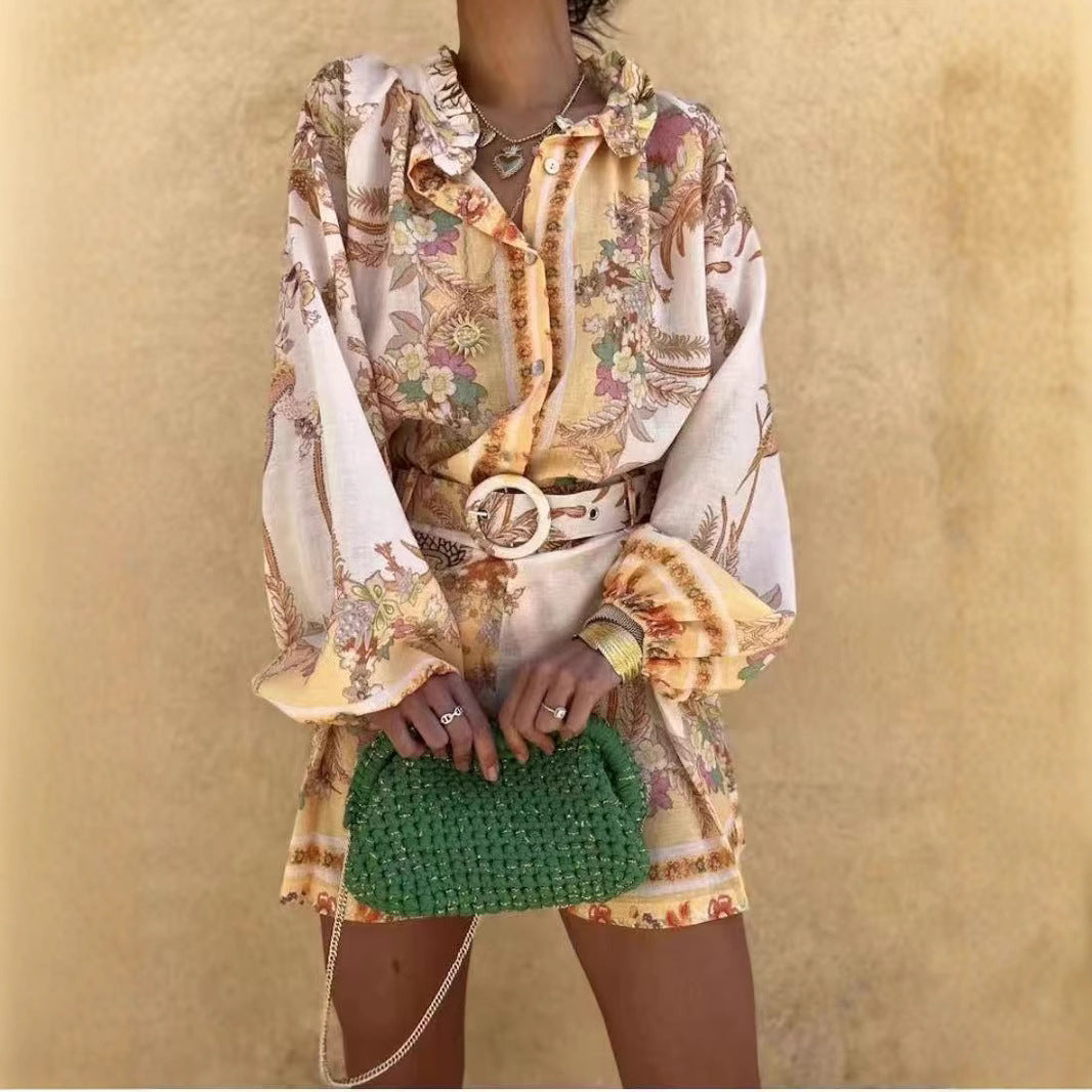 Stand-up Collar Puff Sleeve Single-placket Printed Shorts Suit